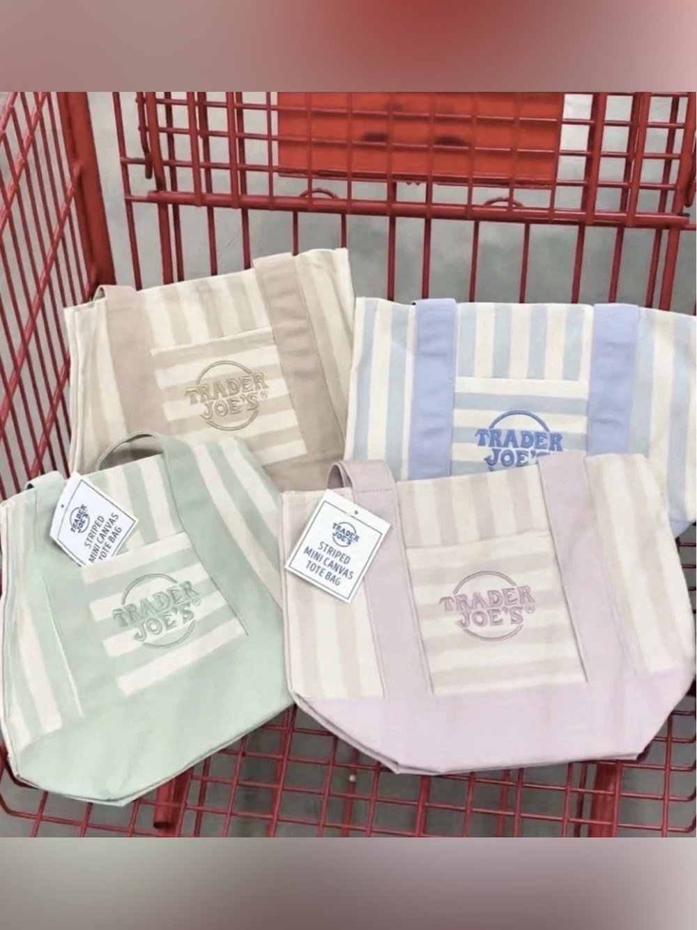 NEW Set of 4 new striped TRADER JOES MINI TOTE BAGS. 1 of each color